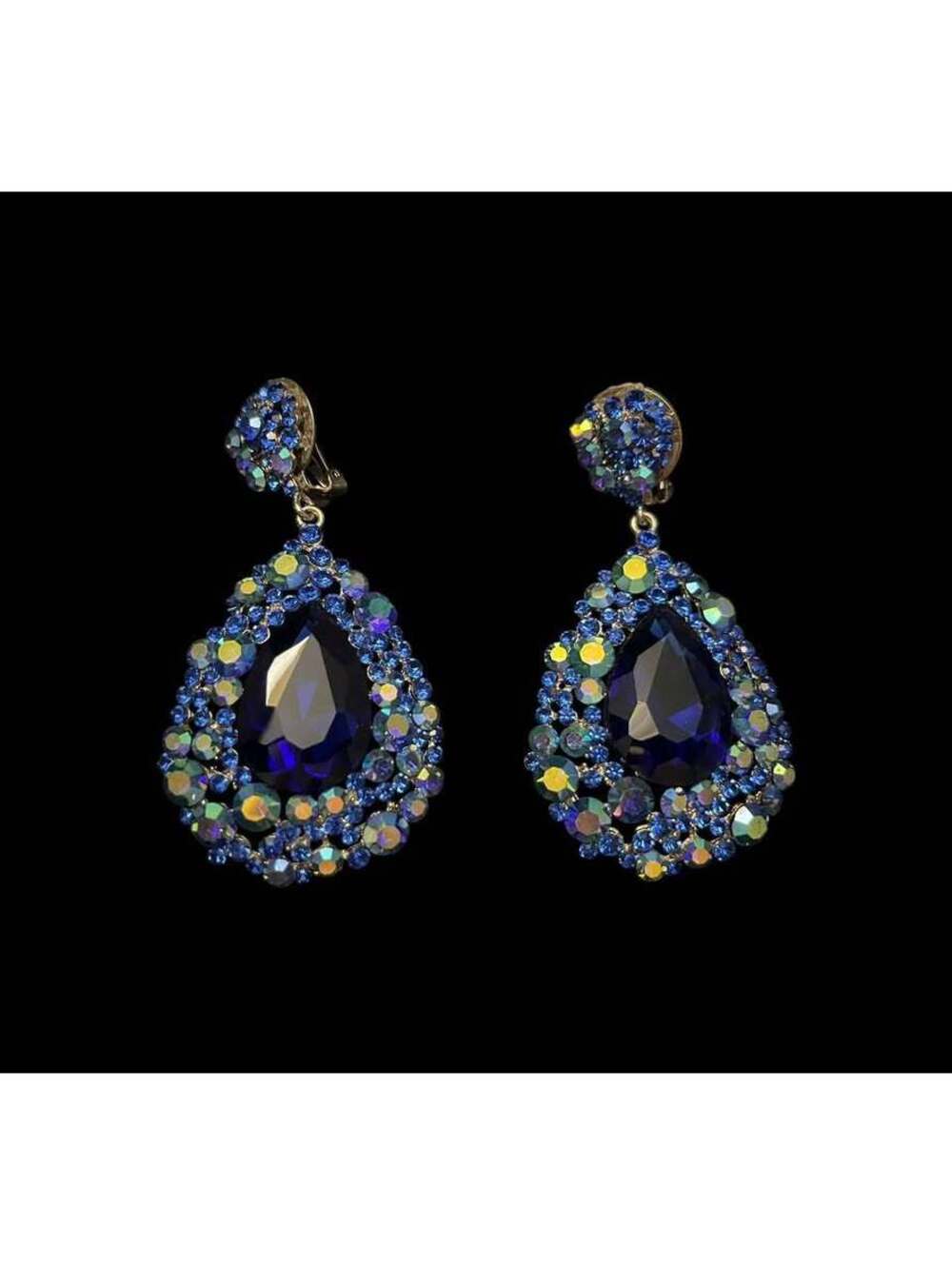 Blue Rhinestone Teardrop Clip-On Earrings